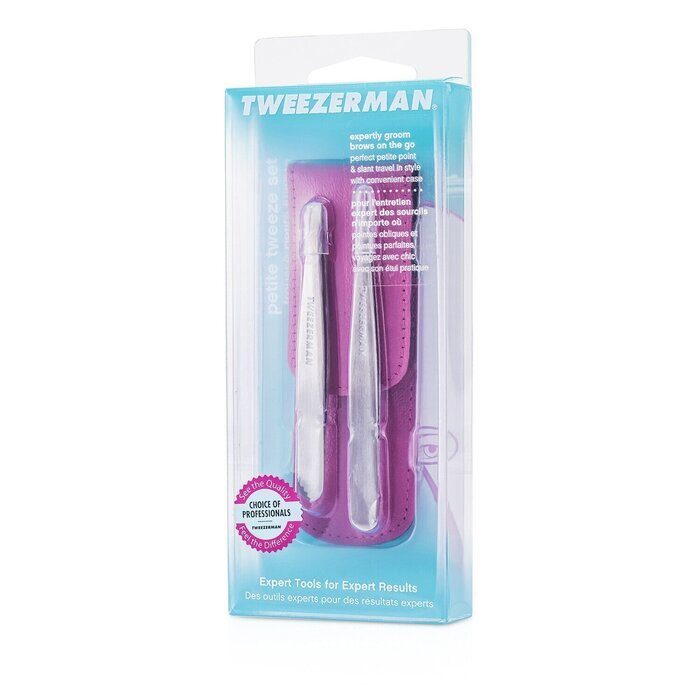 Tweezerman Petite Tweeze Set: Slant Tweezer + Point Tweezer - (With Pink Case) 2pcs