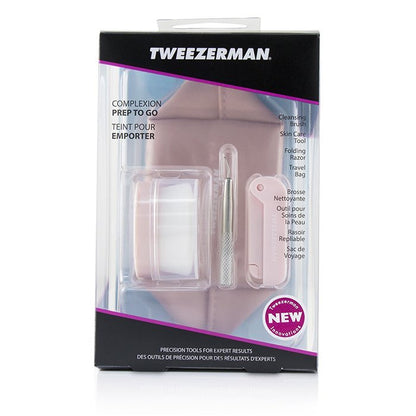 Tweezerman Complexion Prep To Go Set: Cleansing Brush + Skin Care Tool + Folding Razor + Travel Bag 3pcs + 1 Bag