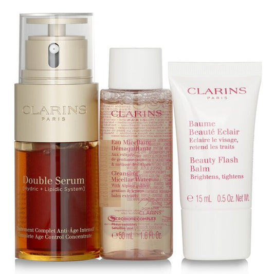 Clarins Youthful Radiance Set: Double Serum 30ml+ Cleansing Micellar Water 50ml+ Beauty Flash Balm 15ml 3pcs