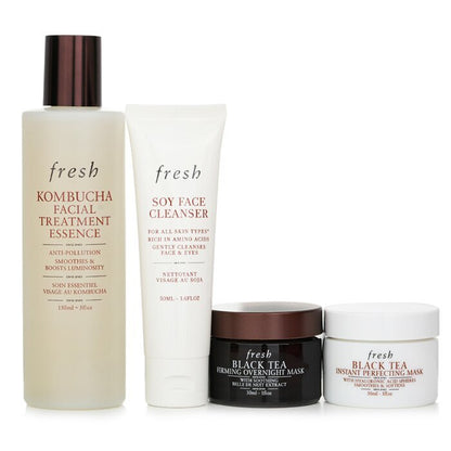 Fresh Black Tea Set: Soy Face Cleanser+Kombucha F.T. Essence+Instant Perfecting Mask+Firming Overnight Mask 4pcs